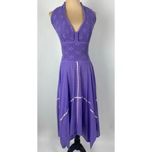 Y2K Purple Crochet Halter Smocked Handkerchief Ribbon Midi Dress Boho Small